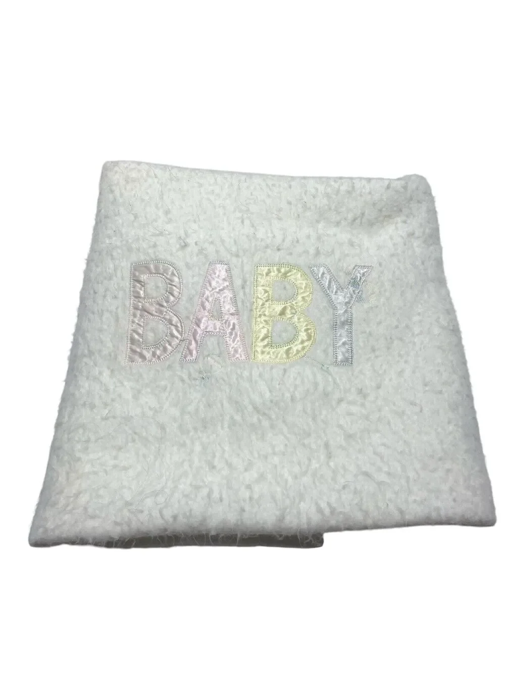 Quiltex White Baby Blanket Appliqué Satin Trim Vintage Receiving Acrylic Unisex